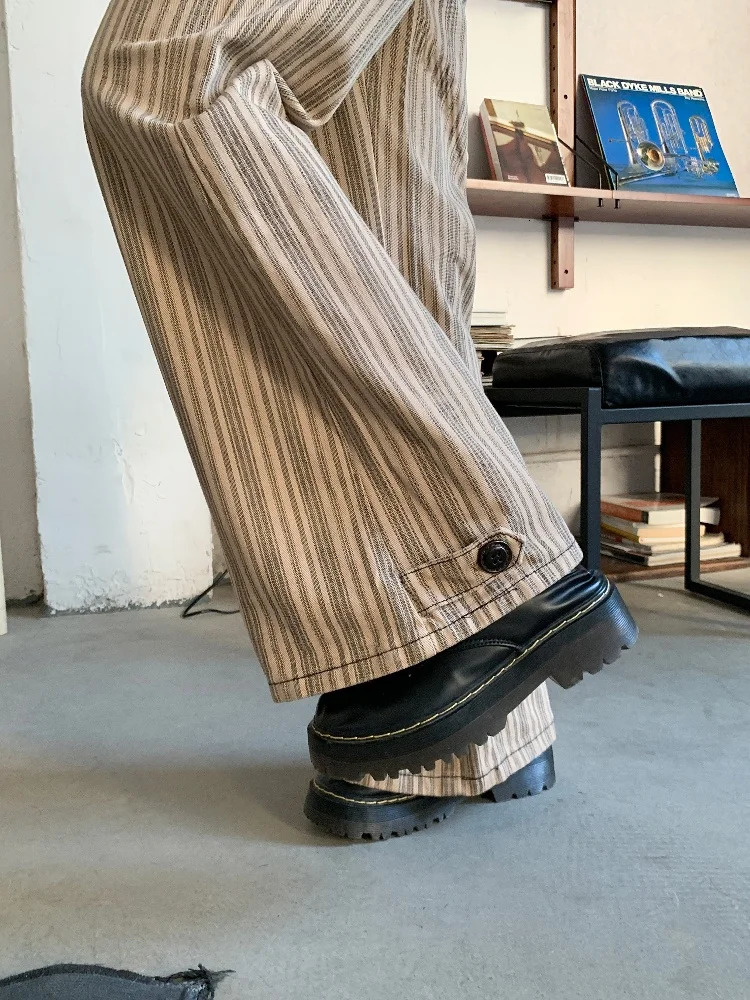 Clothing Y2K Fashion sweet Khaki Slim Striped Flare Jeans Pants For Women Clothes Korean Casual Lady Trousers Femme 250311