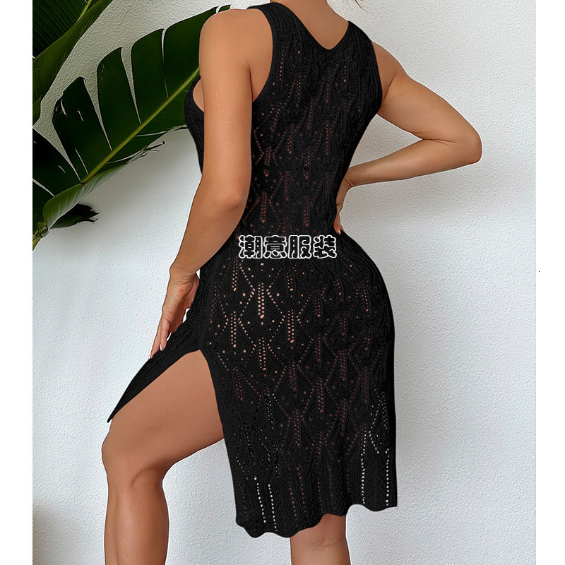 New Women's Mid To Long Sexy Hollow Solid Color Vest Dress, Fashionable Side Slit Beach Skirt