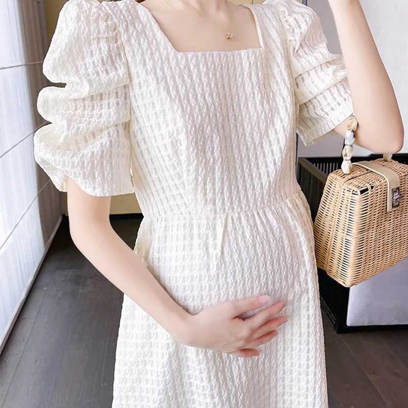 Pregnacy Dress Square Neck Dress Women Bubble Sleeves Chiffon Small Flower Printing Maternity Clothing Pregnant Woman ClothesT250311