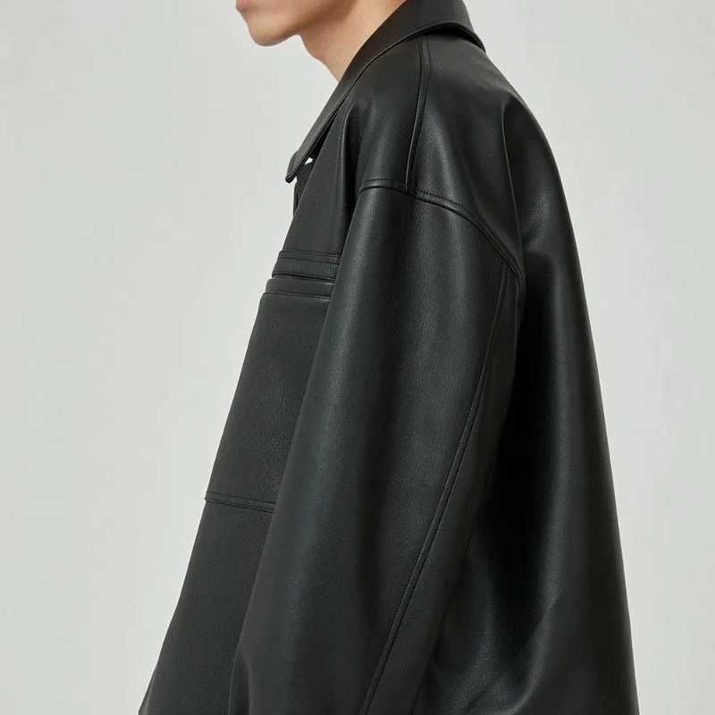 Autumn Winter Fashion Turn-down Collar Long Sleeve Solid Retro Leather Jackets Mens Clothing Rib Sleeven Korean All-match TopsT250311