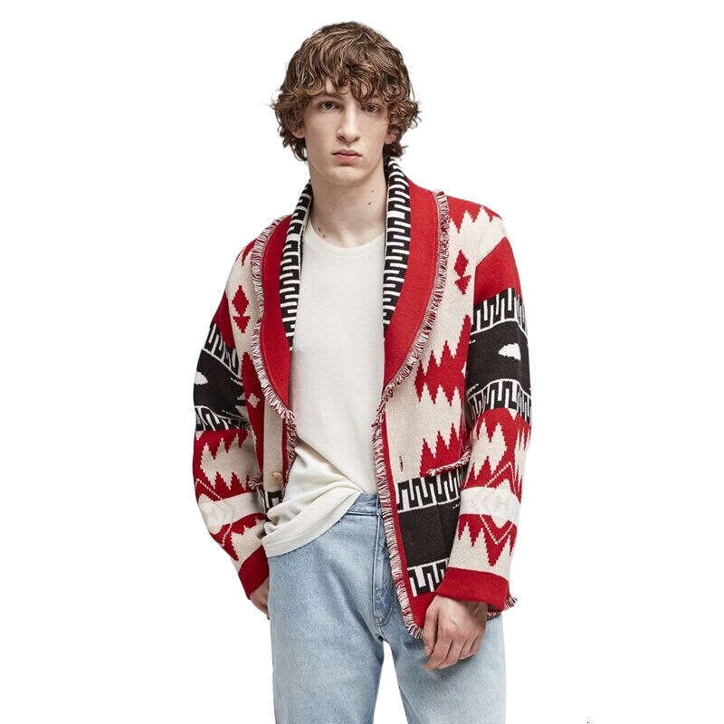 Men's New Coarse Needle Sweater, Thickened Wool Jacquard Knitted Cardigan, Niche Contrasting Color British Coat