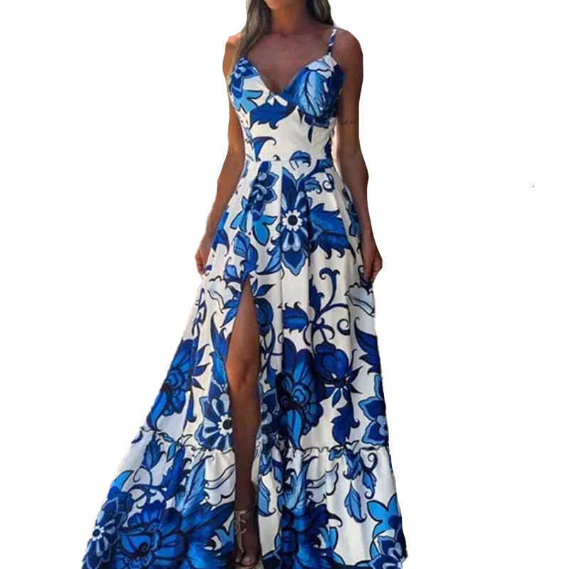 2025 Spring Women's Casual Fashion Printed V-Neck Strap Splicing Split Large Swing Dress KLMY