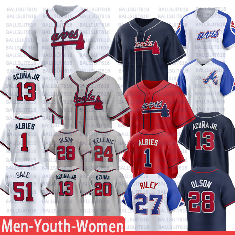 Braves Jerseys Ronald Acuna Jr. Jersey #1 Albies #51 Sale #27 Riley #28 Olson #24 Kelenic #55 Elder #99 Strider #12 Murphy #20 Ozuna Baseball Jerseys