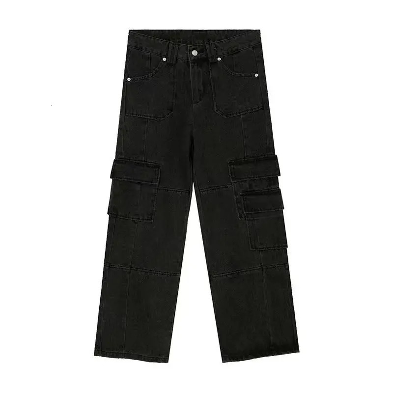 Mens Cargo Pants High Street Multipocket Black Gray Work for Men Loose Trousers Waist Vintage Straightleg Jeans 250311