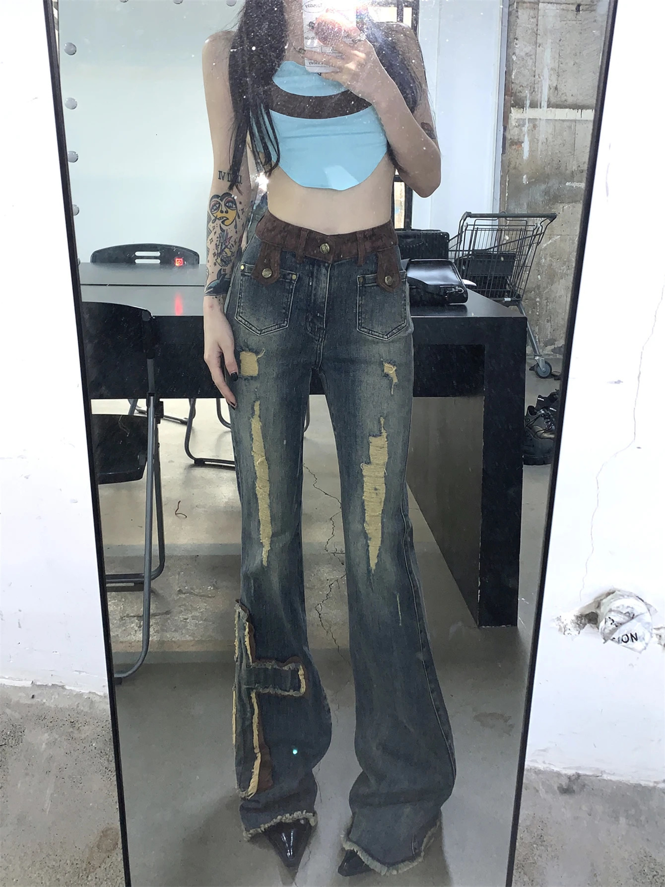 ReddaChic Cross Patchwork Bootcut Pants for Women Destroyed High Rise Slim Trousers Y2k Flare Jeans 90s Retro Korean Streetwear 250306