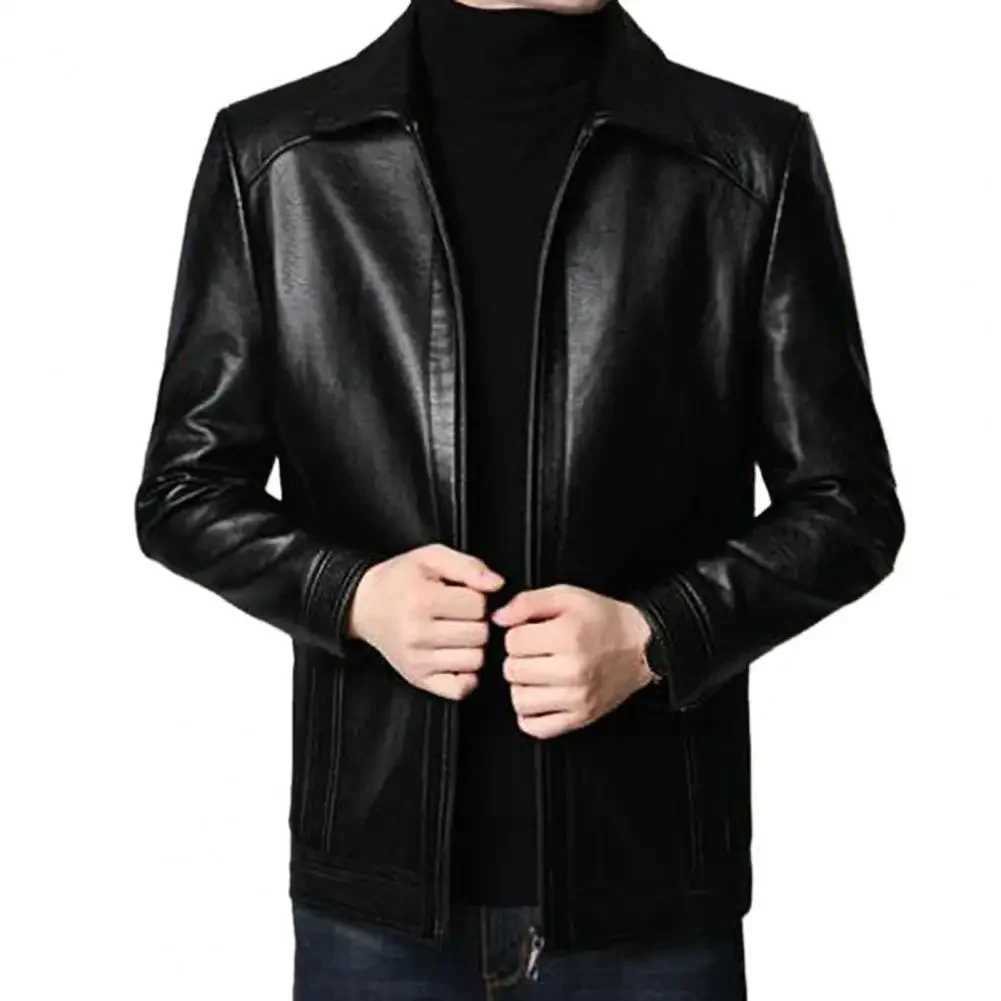 Mens Korean Version Slim Fit Solid Color Coat Standing Collar Autumn and Winter Leather Clothes Imitation Water Leather JacketT250311