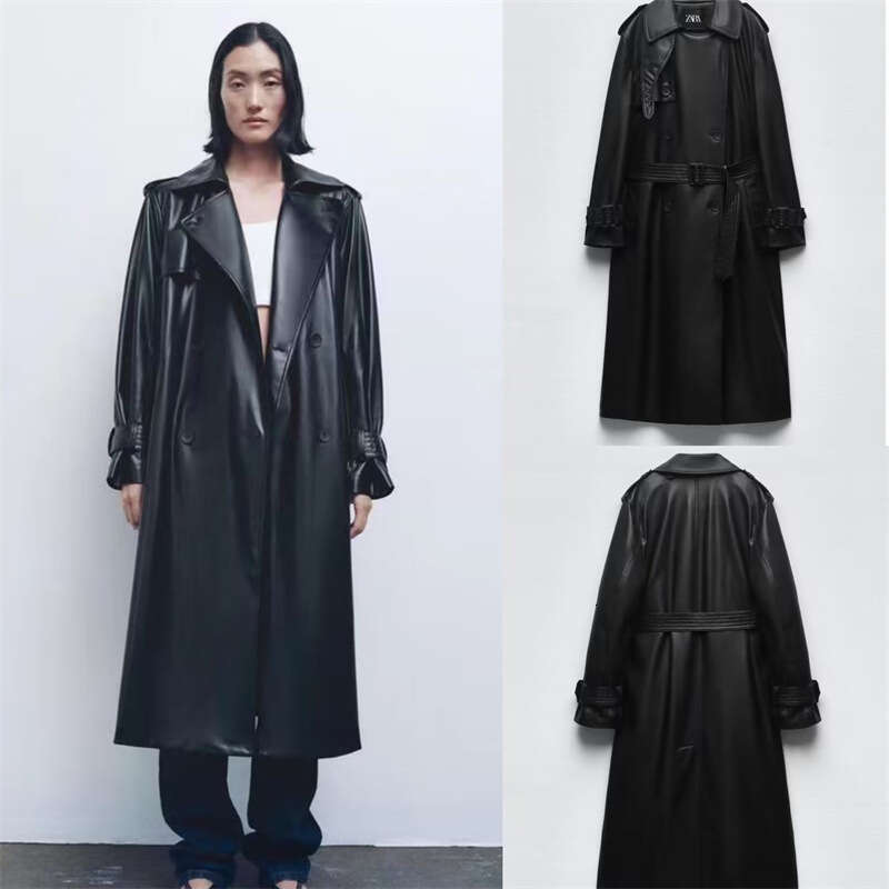 Women's 2023 Spring Autumn Collection Light Temperament, Featuring A Mature Imperial Style And Faux Leather Long Windbreaker With Belt Jacket For
