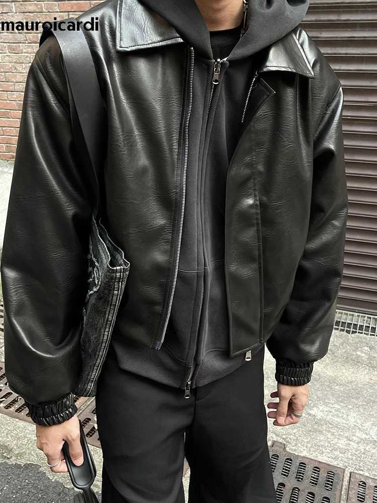 Mauroicardi Spring Autumn Cool Oversized Short Black Soft Pu Leather Jacket Men Zipper Luxury Designer American Vintage ClothesT250311