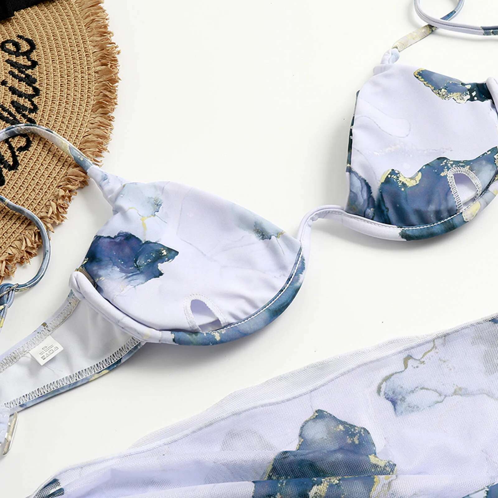 Swimsuits High Waisted Split Women's Three Piece Swimsuit Bikini Tie Dye Printed Sexy Tie Chiffon Swimwears
