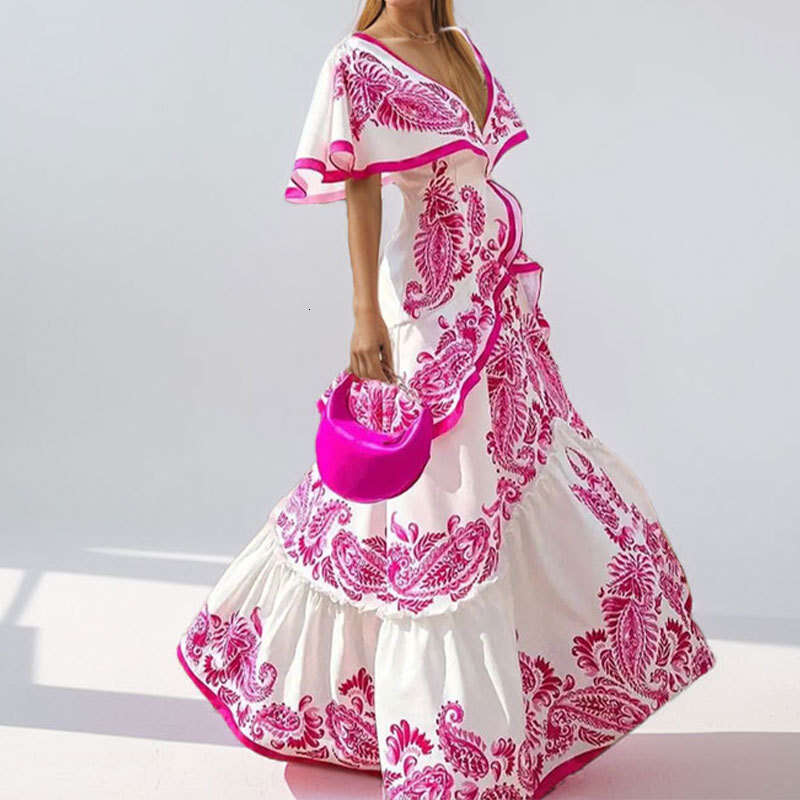 Women's Spring New Elegant Vacation Style Deep V-Neck Ruffle Fashion Printed Dress KLMY