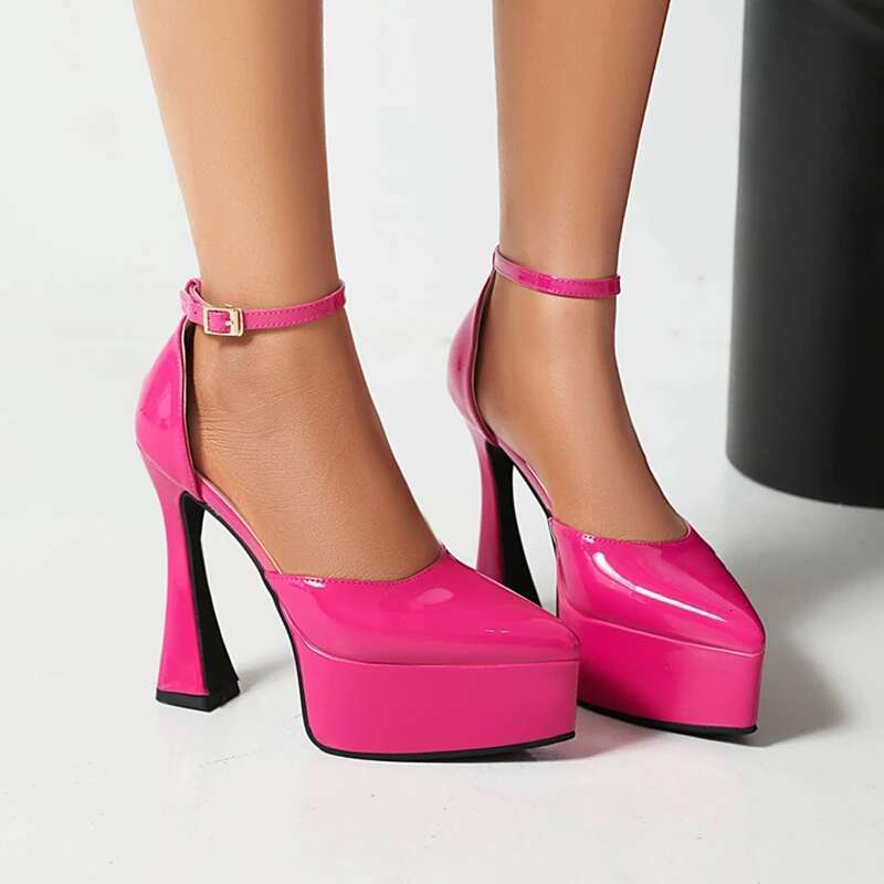 High Heel Girs Women Pumps Cm Platform Cm High Heel Ankle Strap Faux Patent Leather Pointed Toe Sexy Big Size