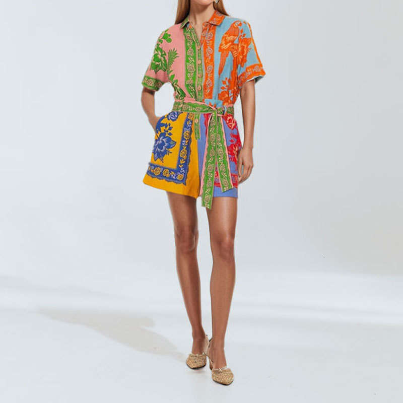 2025 Spring Women's Flip Collar Printed Color Blocked Short Sleeve Fashion Casual Jumpsuit KLMY