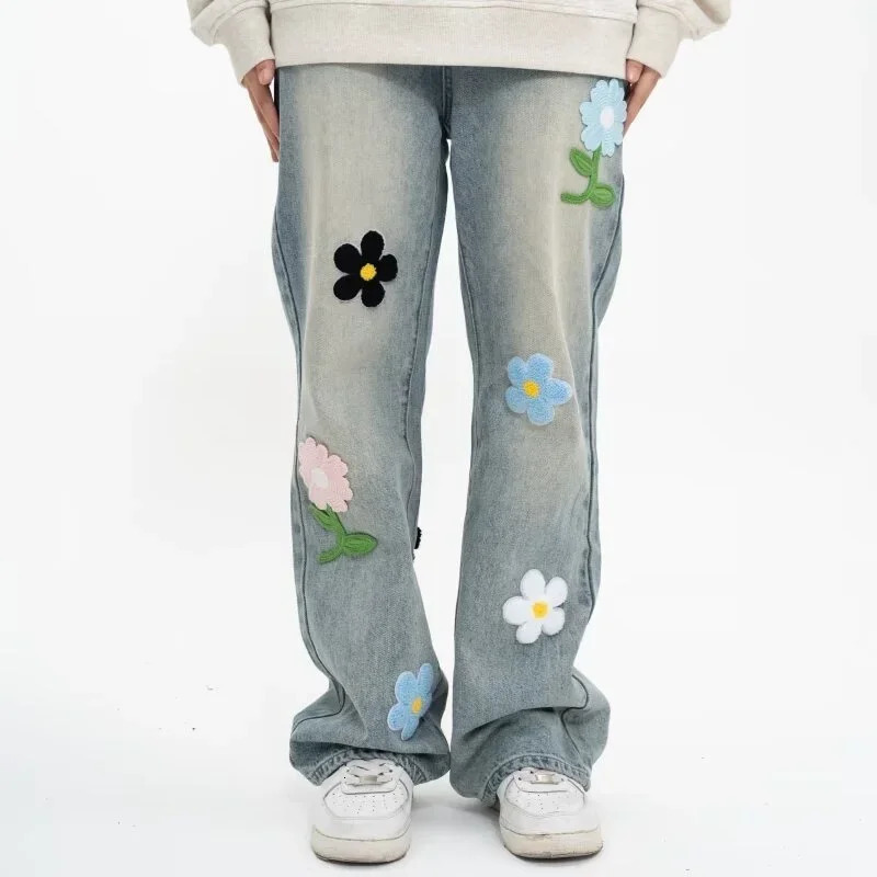 Y2K Vintage Flower ed Jeans For Men High Street Baggy Straight Wide Leg Denim Pants Autumn n Hip Hop Fashion Jean 250311