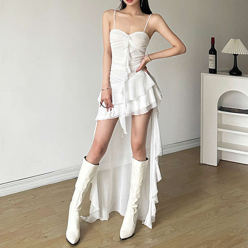 European and American style summer women's solid color slim fit high waist fashionable one collar camisole dress 2025 new casual versatile fashio