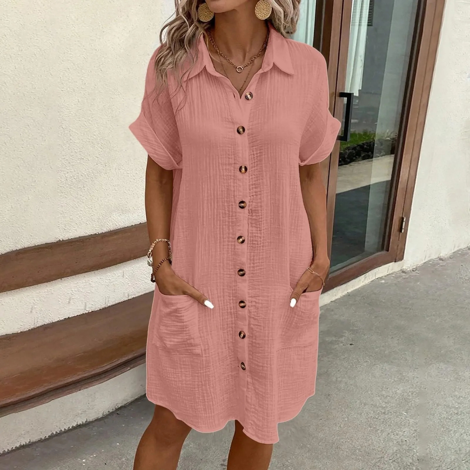 Womens Fashion Summer Minimalist Vneck Button Dress Cotton Flax White Short Sleeve Pocket Casual Loose Shirt 250311