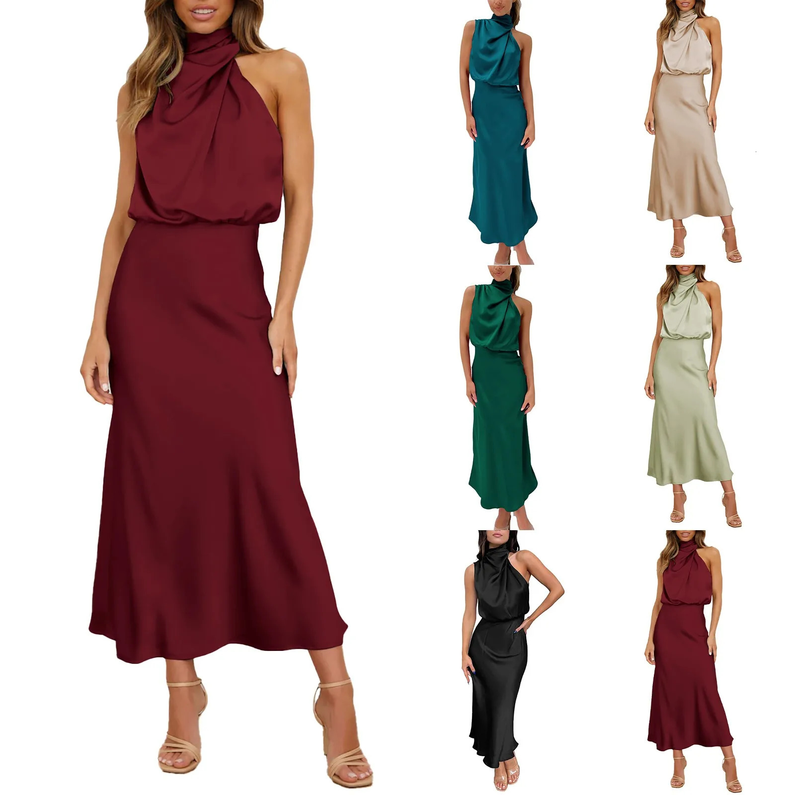 Satin High Waisted A Line Dress Elegant Women Swing Turtleneck Asymmetric Sleeveless Party Dress Formal Long Dress 250306