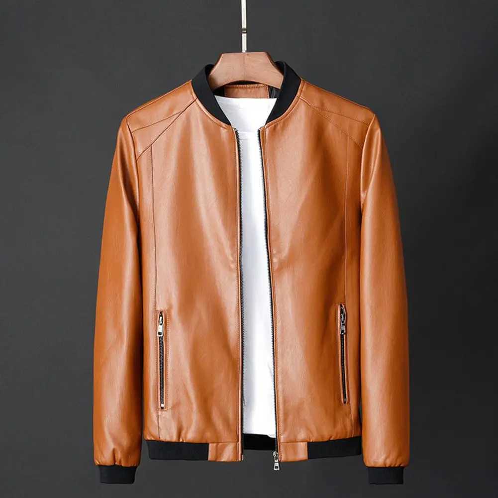 Men Motorcycle Jacket Faux Leather Stand Collar Zipper Closure Mens Moto Biker Leather Coat Autumn Men Outerwear 2023 Men JacketT250311