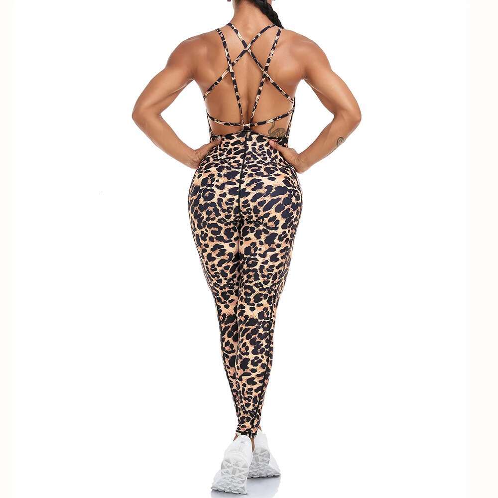 Sleeveless Leopard Print Bodysuit Women Sexy Backless Jumpsuit Long Pants Fiess Yoga Sports Suit Casual Clothes Female New In