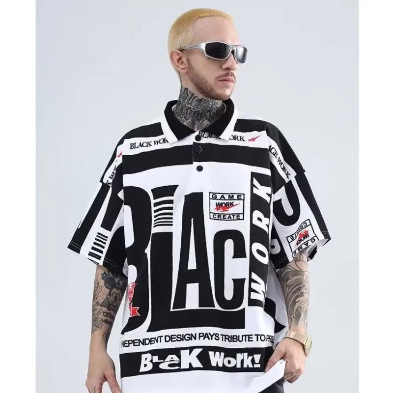 Summer American Retro Color Blocked Loose Polo Shirt Short Sleeved Mens Lapel Hip Hop High Street Tshirt Half Trendy 250311