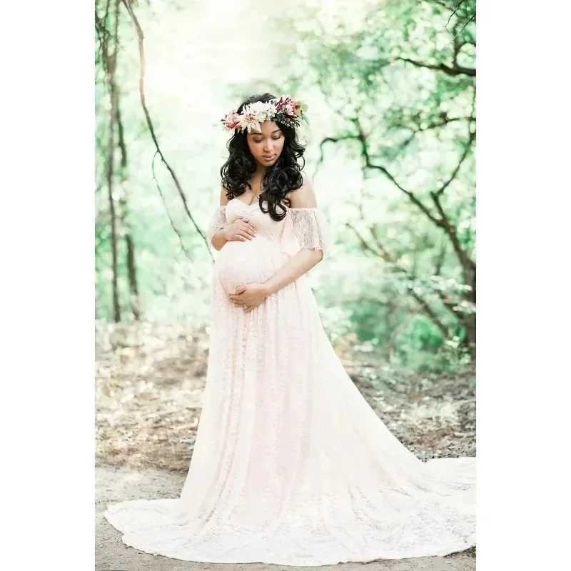 Shoot Lace Pregnant Women Tail Short Sleeve Maternity Photography Props Shooting Accessories Dress for Photo X250224