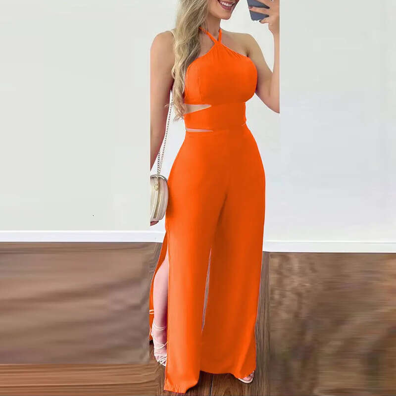Ladies' Temperament Sexy Hanging Neck Hollowed Out Slim Fit Backless Split Jumpsuit 661 KLMY