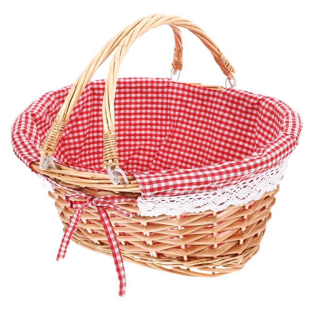 Picnic basket in red with handle large accessory basket round fruit blanket foldable table cooler for shopping X250311