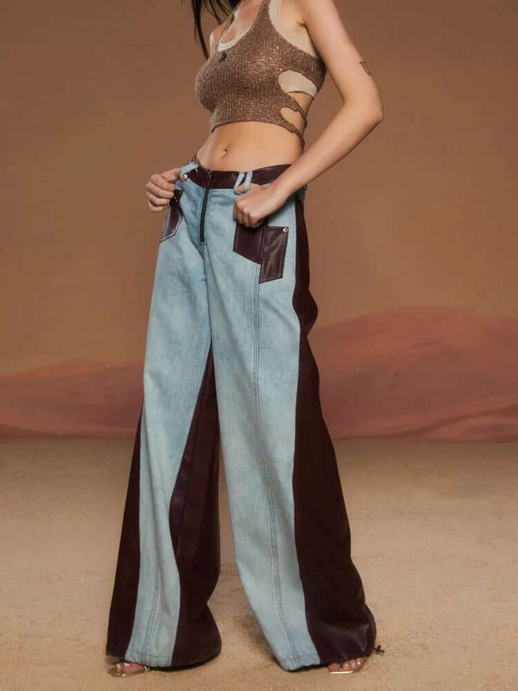 Fashion Women Washed Patchwork Contrasting Leather Jeans High Waist Straight Wide Leg Denim Pants Spring New
