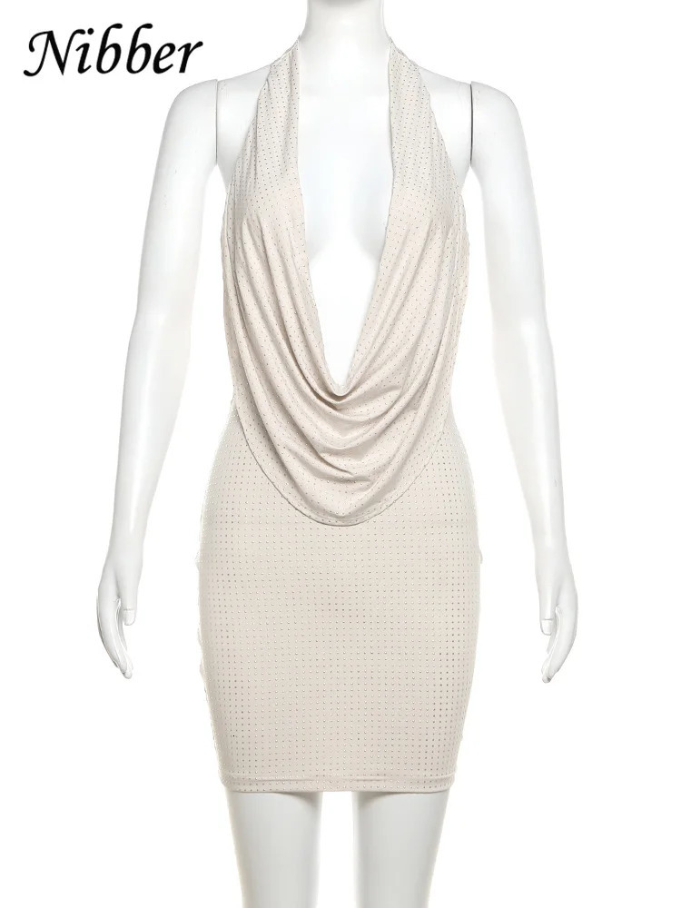 Niber Diamond Paste Solid Color Mini Dress Womens Fashion Deep Vneck Strapless Trend Street Clothing 250311