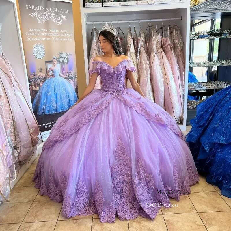 Lavender Quinceanera Ball Gown Off The Shoulder Tulle Appliques Lace Sweet 16 Dresses 15 Mexican Customized al0311