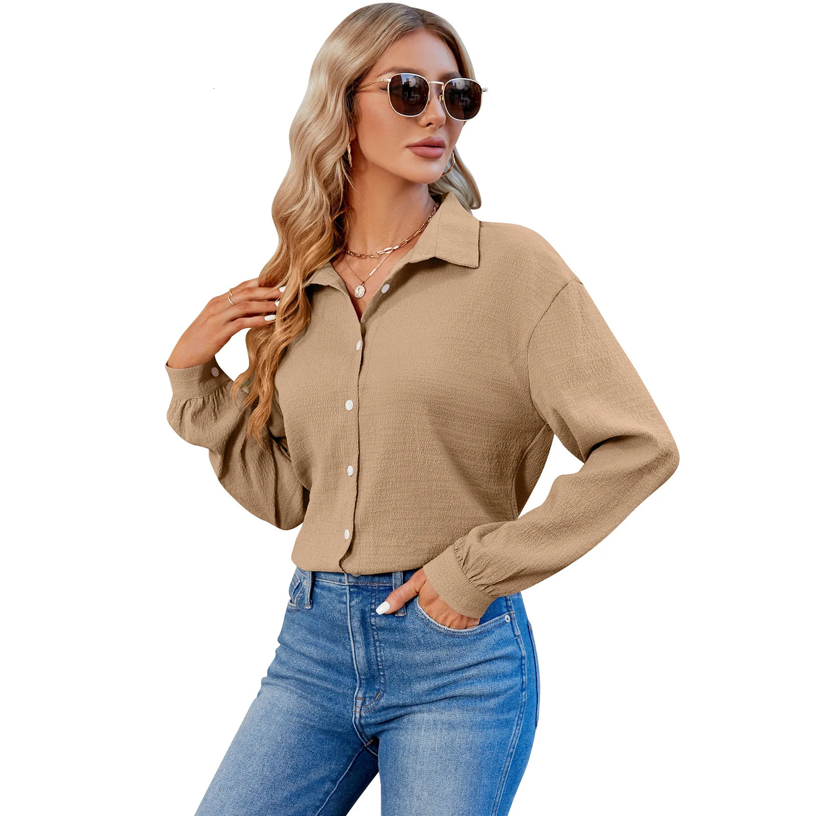 YJKDYK Spring Autumn Womens Blouses Top With Sleeves Female Solid Color Bubble Wrinkled Commute Loose Shirt 250311