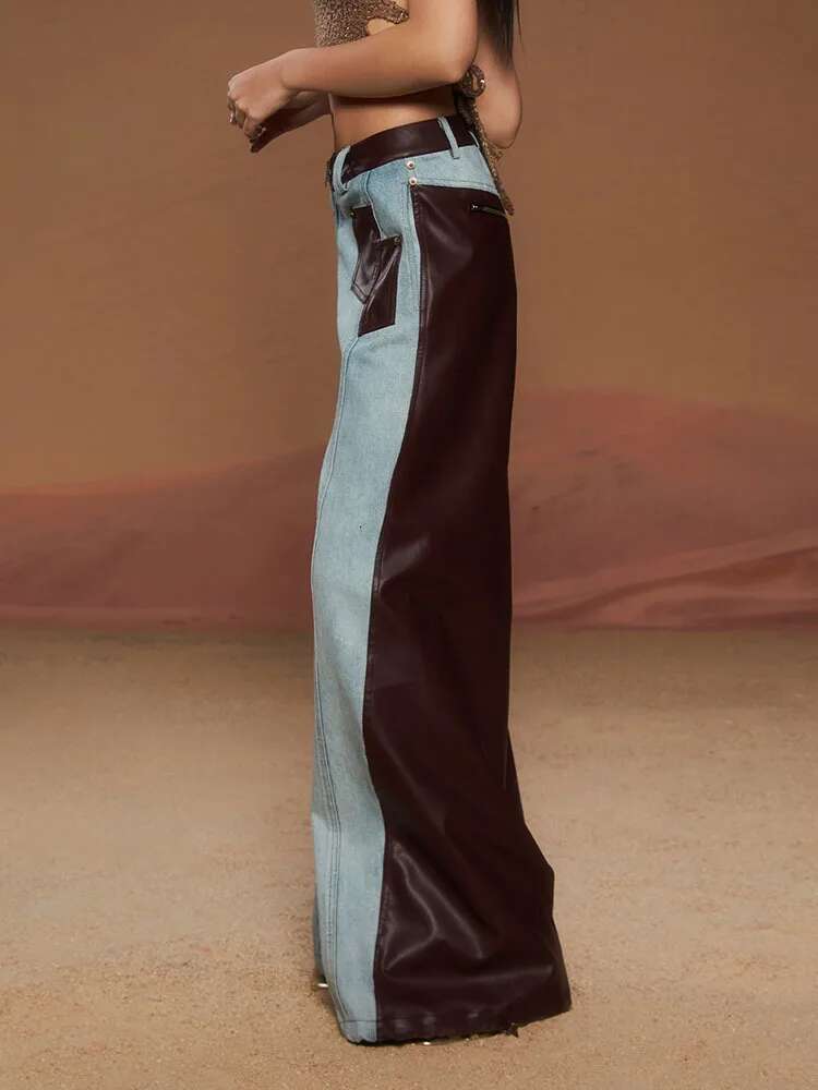 Fashion Women Washed Patchwork Contrasting Leather Jeans High Waist Straight Wide Leg Denim Pants Spring New