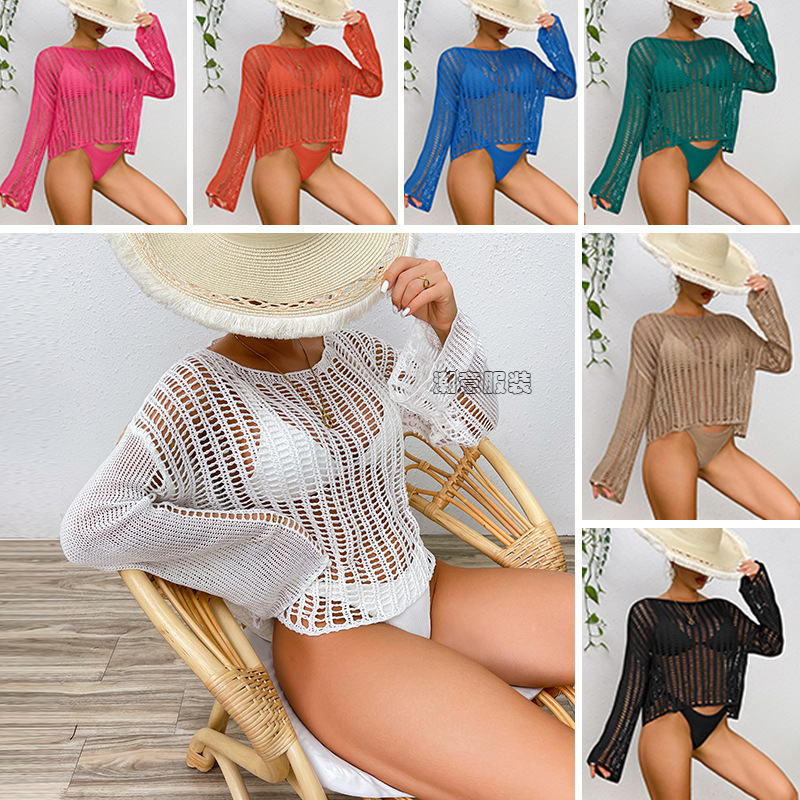 New Sexy Loose Fitting Round Neck Hollowed Out Texture Transparent Long Sleeved Bikini Short Sunscreen Suit