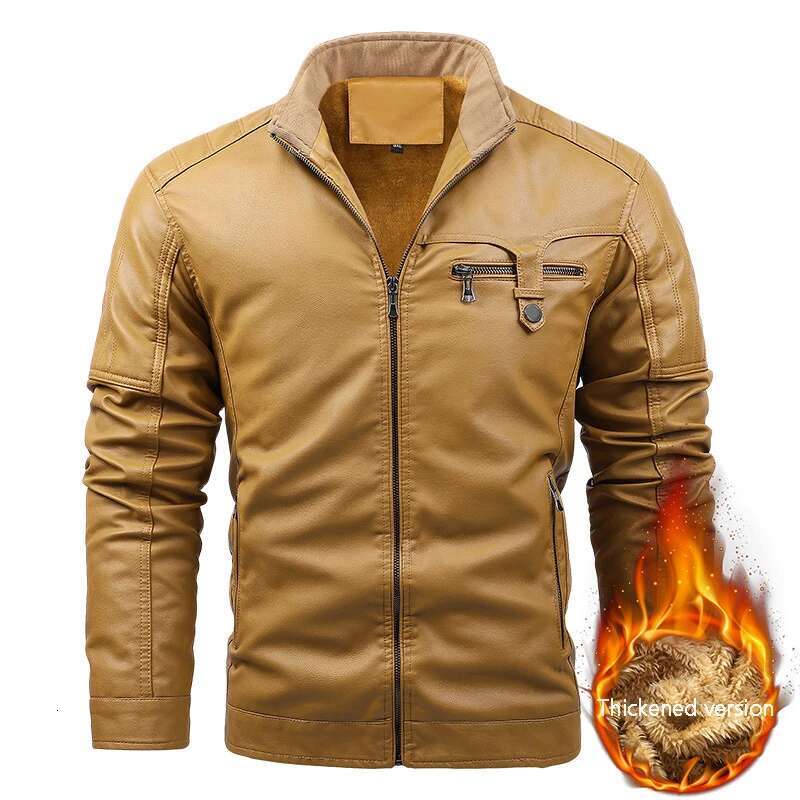 Men's Standing Collar Multi Pocket Jacket With Thickened PU Leather Work Outdoor Motorcycle Riding Clothes