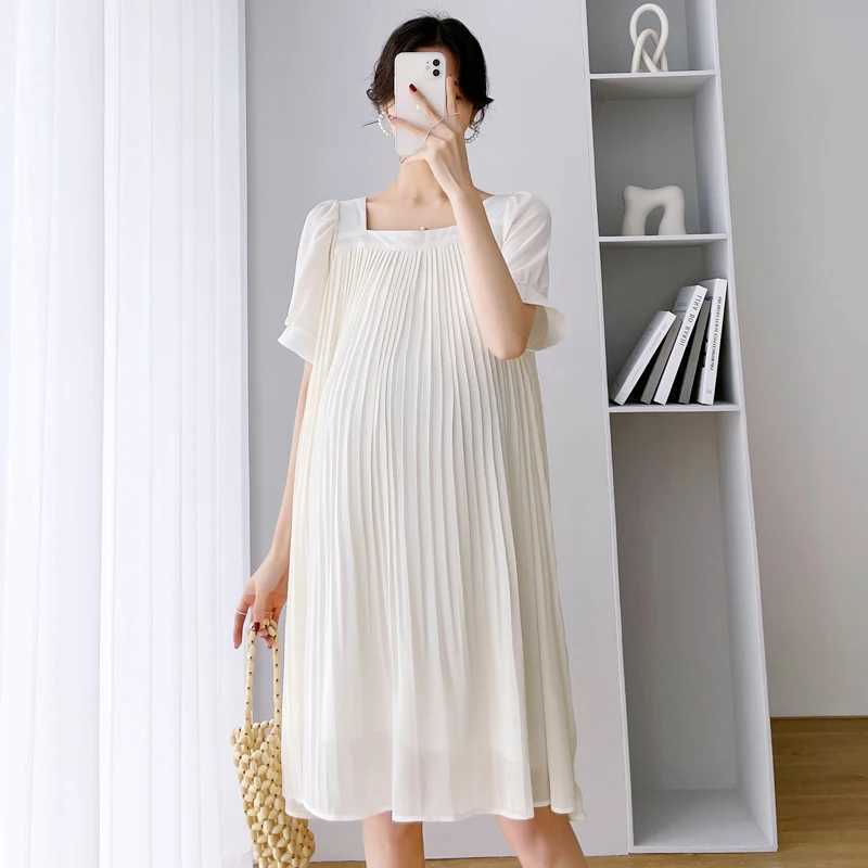 Beige Pink Sunmer Pregnant Woman Pleated Dress Plus Size Maternity Chiffon Dress Mid-Calf Pregnancy Clothes with Belt WholesaleT250311