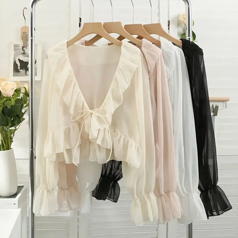 Womens Sweet Chiffon Sparkling Sleeves Sunscreen Shirt Summer Ruffle Edge Lace Beach Open Knitted Woolen Sweater Casual Outdoor Solid Loose Thin Coat 