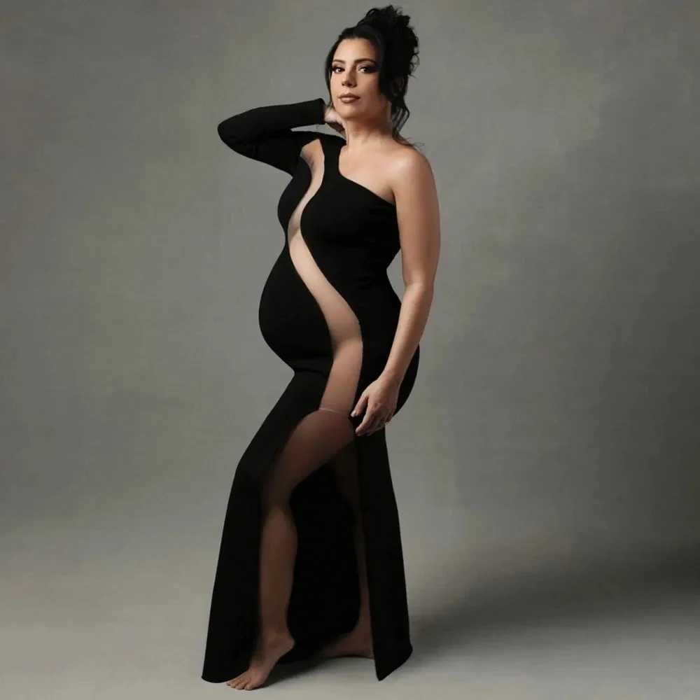Stretch Maternity Photoshoot Dress Sexy Black One Shoulder Evening Gowns Elegant Long Sleeve Pregnant Women Photography Outfit X250224