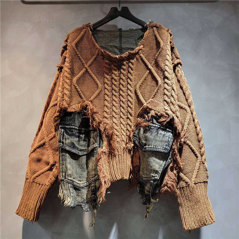 Fashion, Cool, Personality, Foreign Style, Fried Dough Twists Knitting Splicing Denim Round Neck, Long Sleeve, Short Sweater For Women In Autumn And W