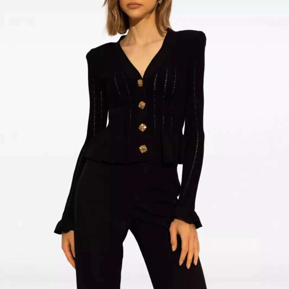 Autumn Diamond Decoration Long Sleeved Cardigan Temperament V-Neck Hollow Waist Knit Top Socialite Ruffle Edge Sweater