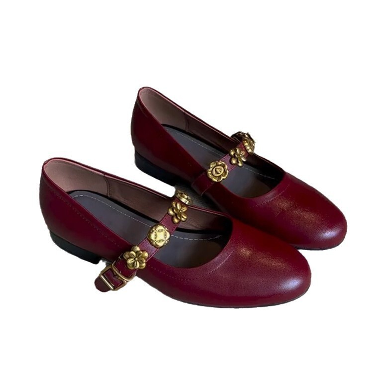 High Quality Leather Metal Flower Single Button Women's French Shallow Mouth Single Shoe Fashion Designer Light Luxury Ballet Shoes Outdoor Sanda