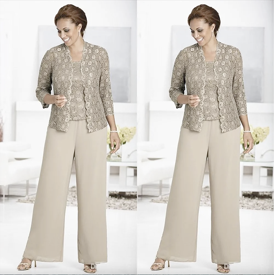 Three Pieces Mother Of The Bride Suits With Lace Jacket 2025 Chiffon Pants Suit Wedding Guest Dresses Mom Formal Occasion Party Gowns