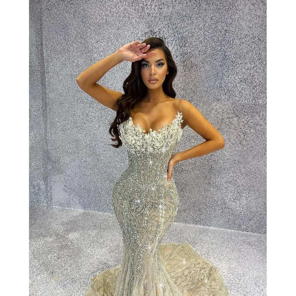 Bright Mermaid Evening Dresses, Sleeveless, V-neck, Beaded Crystal, Prom Dress, Floor Length, Formal Dresses