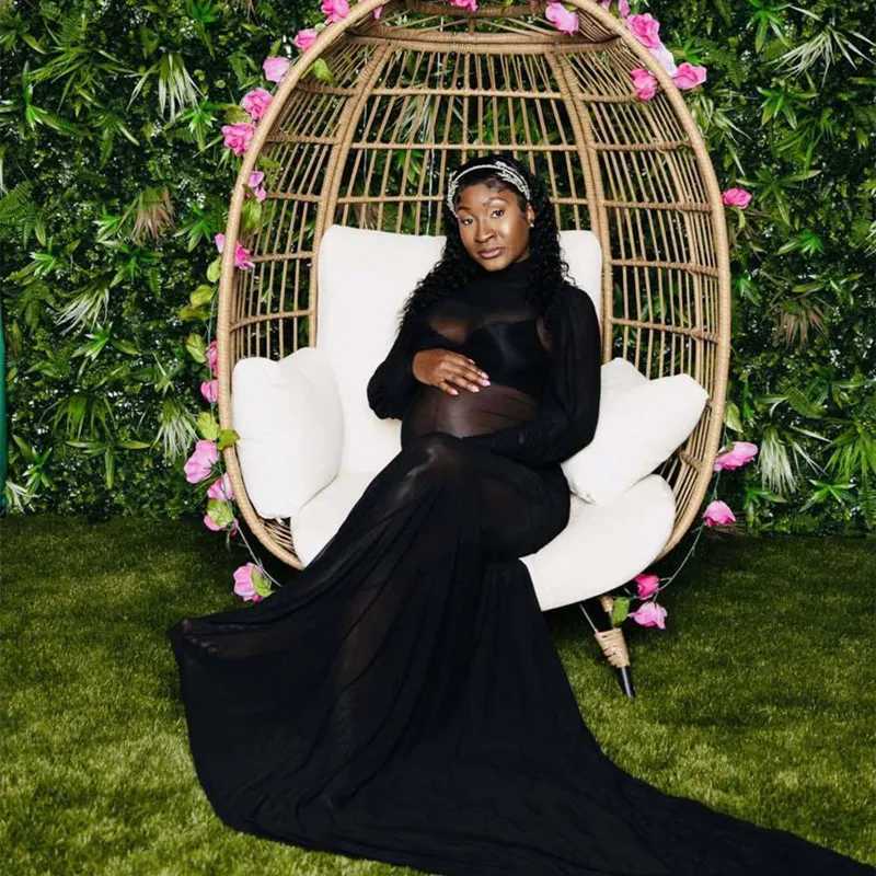 Maternity Sexy See Through Dress Mesh Turtleneck Lantern Long Sleeve Dress For Photography (Underclothes Not Included) X250224