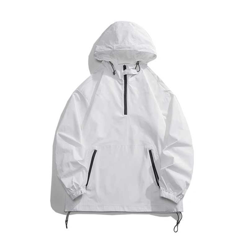 New Fashion Oversized Jackets Men Hooded Windbreaker Red Black White Front Pocket Baggy Streetwear Jogging Pullovers Coat MaleT250311