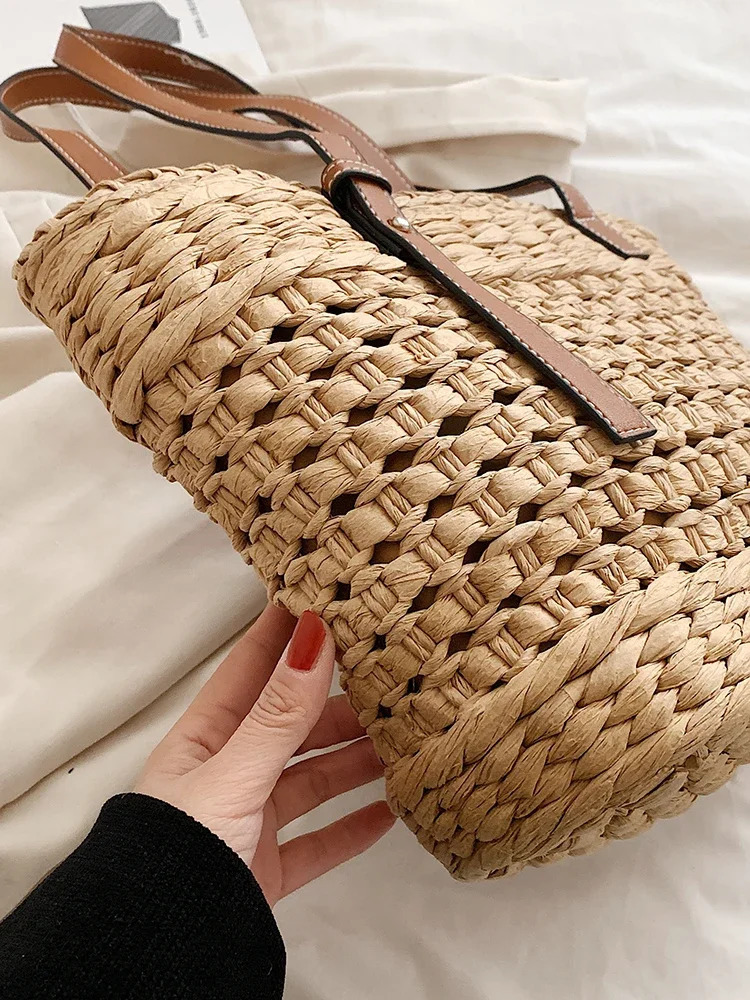 Summer Handwoven Straw Beach Tote Bags for Women Vintage Hollow Out Handbag Basket Rattan Vacation Shoulder Bag 250311