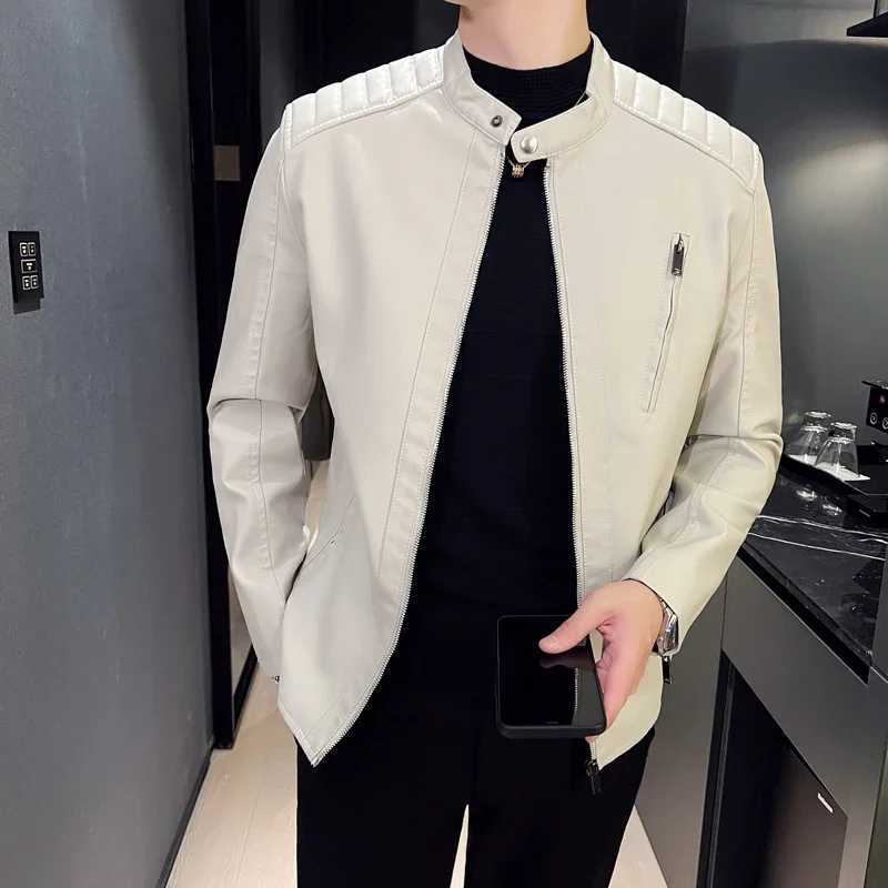 Mens White Leather Jackets Fashion Trend Simple Personality Mens PU Leather Jackets Winter Slim Windbreaker Mens Autumn SpringT250311