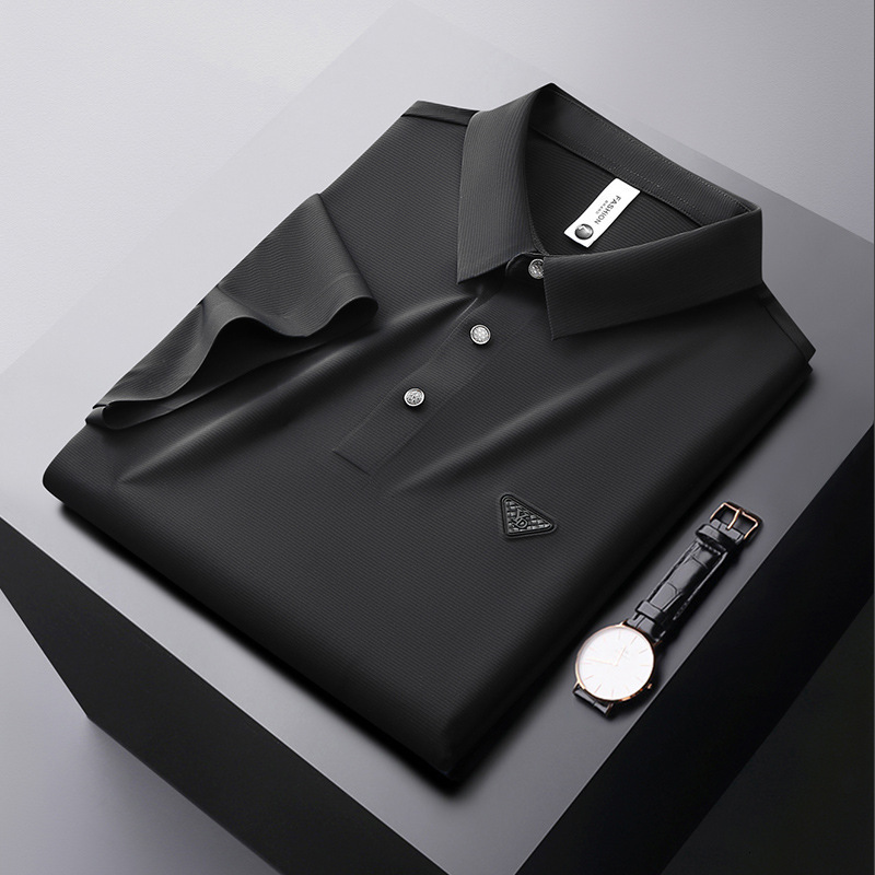 Summer seamless compression glue free short sleeved polo shirt for men, with a sense of ice silk drape, trendy and luxurious men's collar t-shirt
