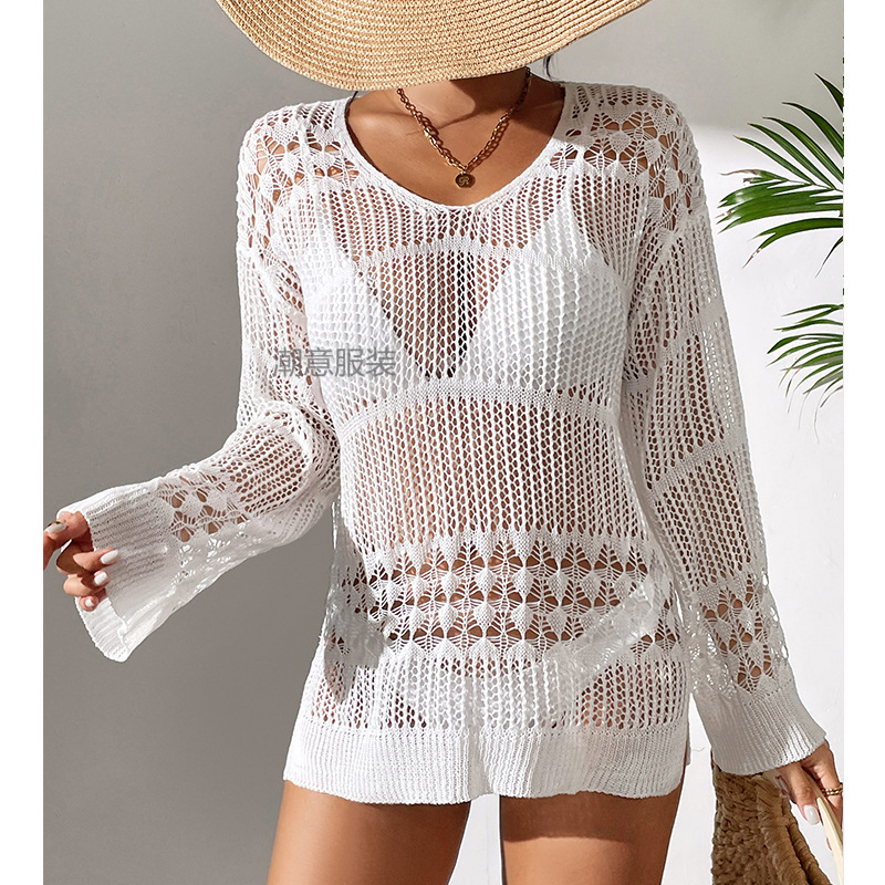 New Vacation Sexy Hollow Texture Loose Fitting Pullover Fashionable Sun Protection Shirt, Mid To Long Beach Cover