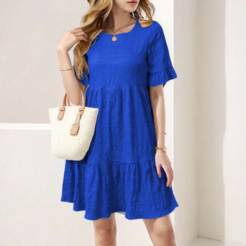 Spring 2025 New Women's Loose Casual Short Sleeved Square Neck Mid Length Dress For Women KLMY