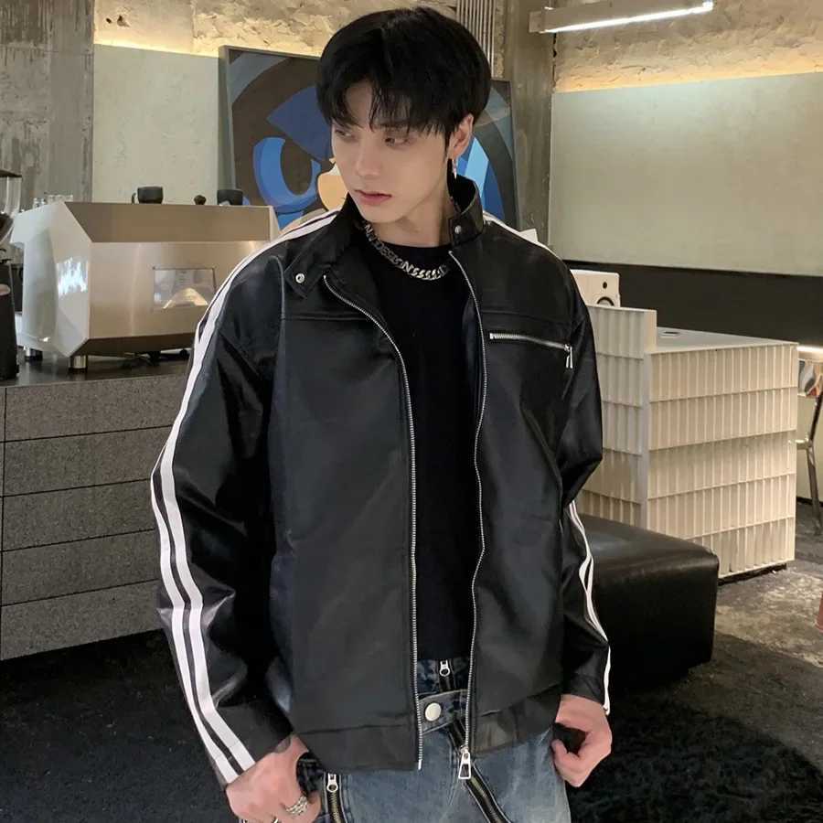 2024 New Vintage Striped Maillard Leather Jacket For Men High-End Feel Casual Loose Fit PU Cloth Jacket Spring AutumnT250311