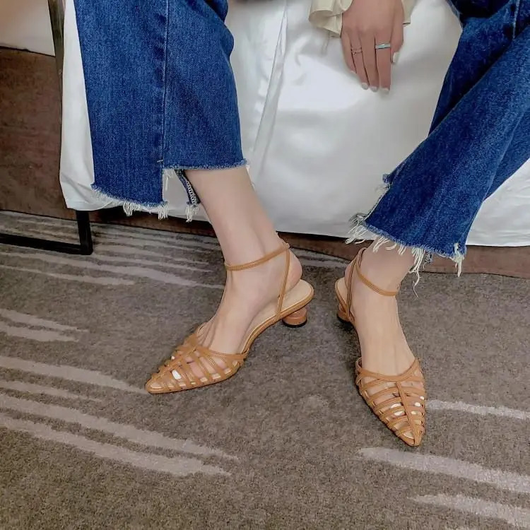Summer Pointed Toe Hollow Women Shoes Fashion Women Leather Slingbacks Pumps Wedding Bridal High Heeled Shoes 250305